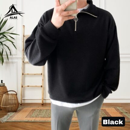 Half Zip Ribbed Sweatshirt-Black