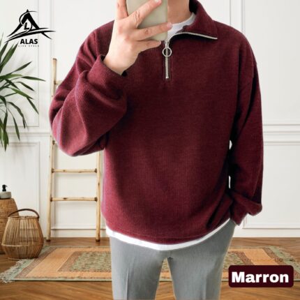 Half Zip Ribbed Sweatshirt-Marron