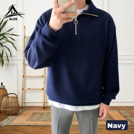 Half Zip Ribbed Sweatshirt-Navy Blue