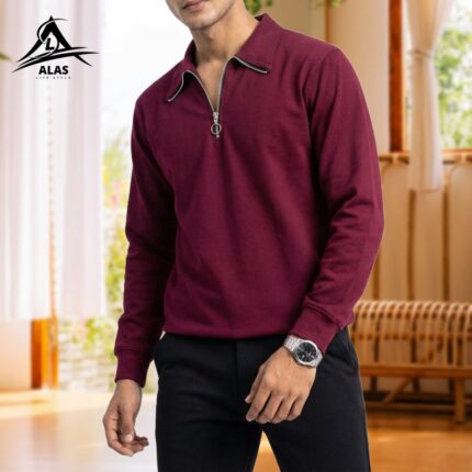 Half Zip Ribbed Sweatshirt-Marron