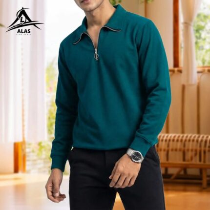 Half Zip Ribbed Sweatshirt-Petrol Green