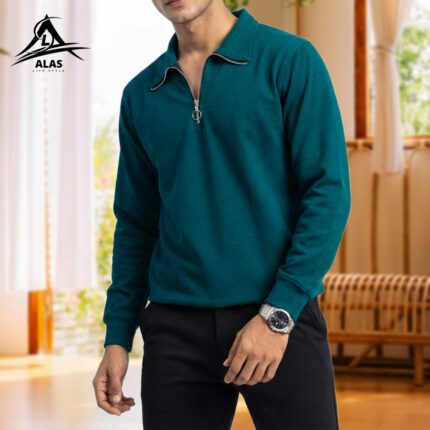 Half Zip Ribbed Sweatshirt-Petrol Green